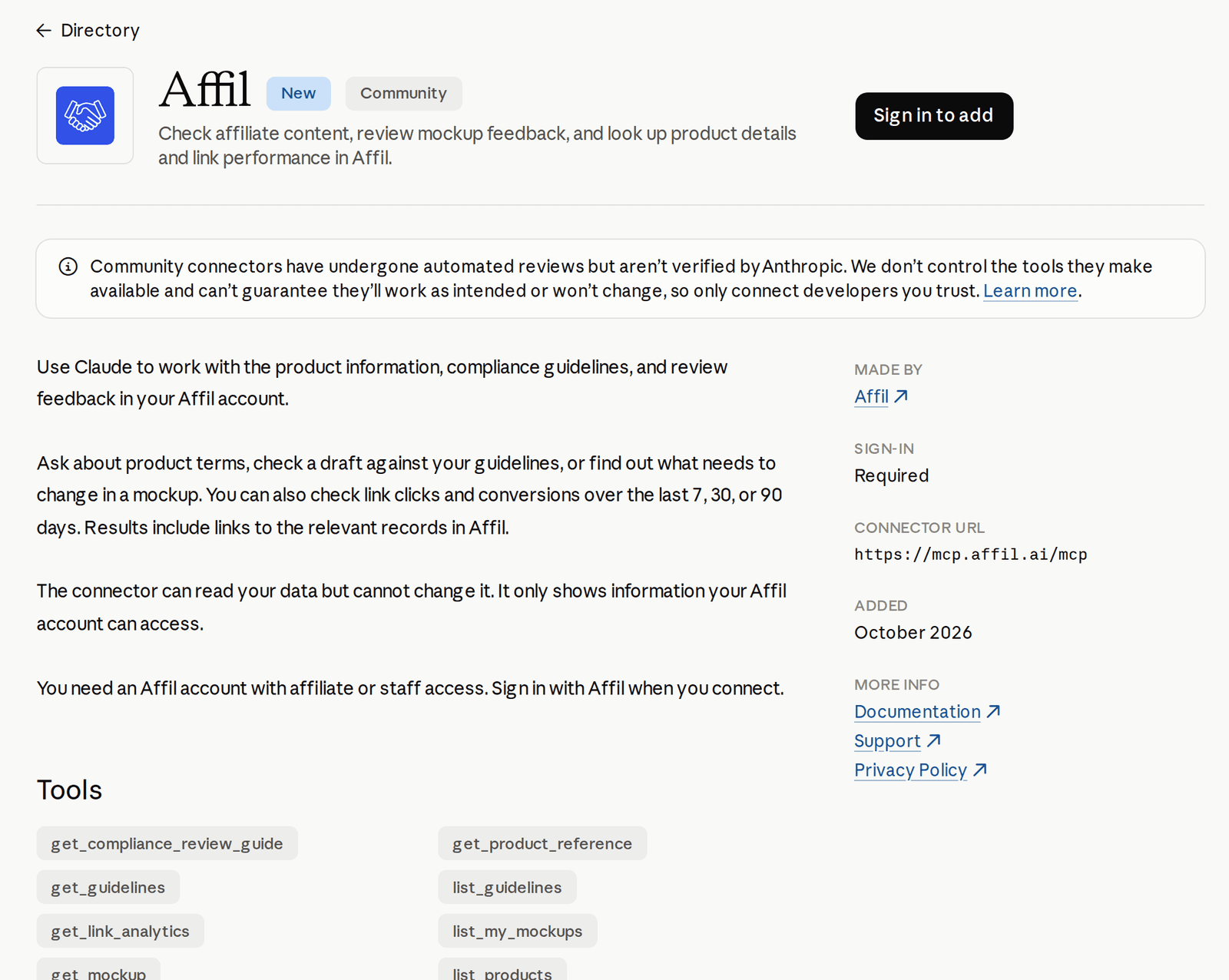 The Affil listing in the Claude directory, with its description, connector URL, and tools.